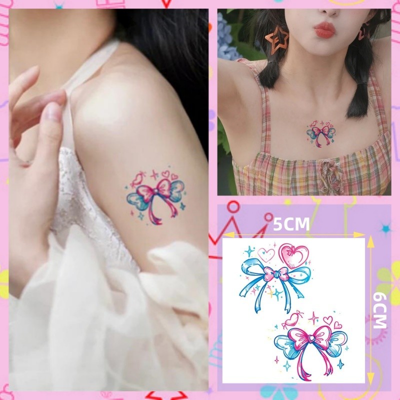 รอยสักลายโบว์สีฟ้ารอยสักแขนสาวน่ารักสติกเกอร์รอยสักกันน้ําติดทนนาน 7 วันรอยสักวันหยุดชั่วคราว