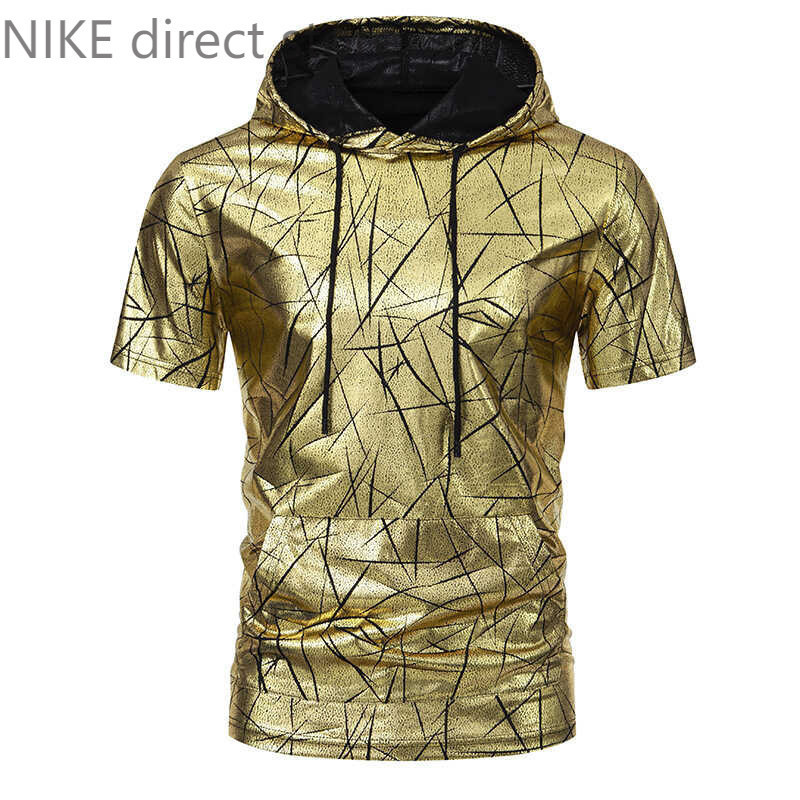 High qualityShiny Men's Sier 70S Disco T Shirts With Hood Short Sleeve Drawstring Men Clothing Fashi
