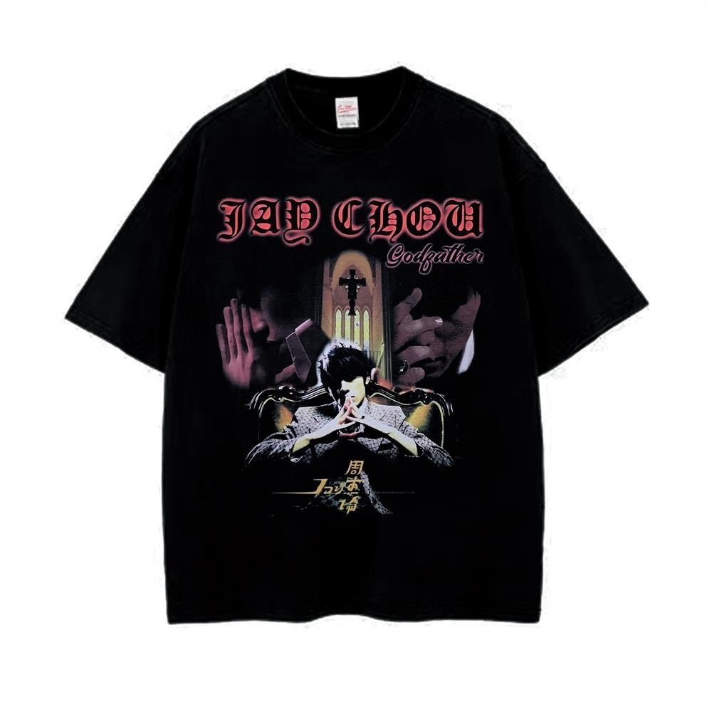 JAY พิมพ์ JAY Chou เสื้อยืดหลวมขนาดใหญ่คอนเสิร์ตแขนสั้น Star Support Uniform Retro Round Neck Tee.