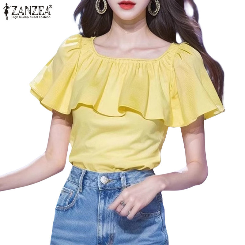 ZANZEA ซานเซีย ผู้หญิงแฟชั่นเกาหลีรอบคอนัวเนียแขนสั้นเสื้อหลวม