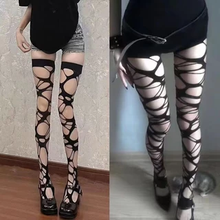 Punk Gothic สไตล์ไม่สม่ําเสมอถุงเท้าสูง Y2k Subculture Hole ถุงเท้า Hollow Pantyhose
