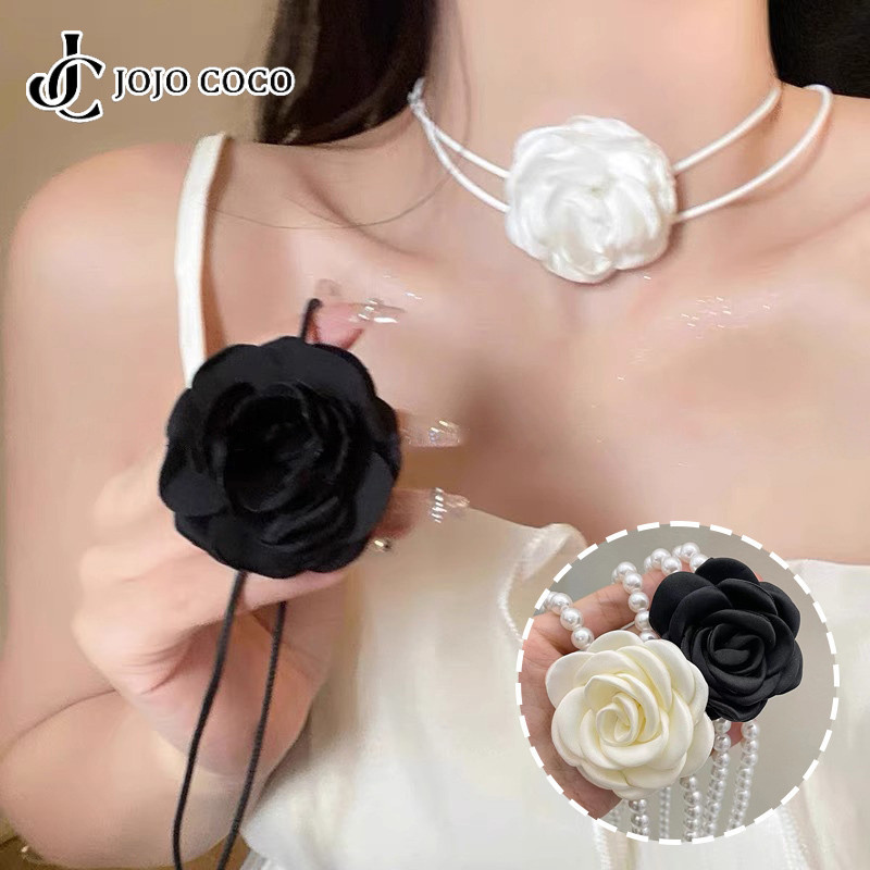 Jojo COCO สีดําสามมิติ Rose Pearl ดอกไม้ออกแบบ Clavicle Chain Retro สไตล์เกาหลีผู้หญิงเครื่องประดับ