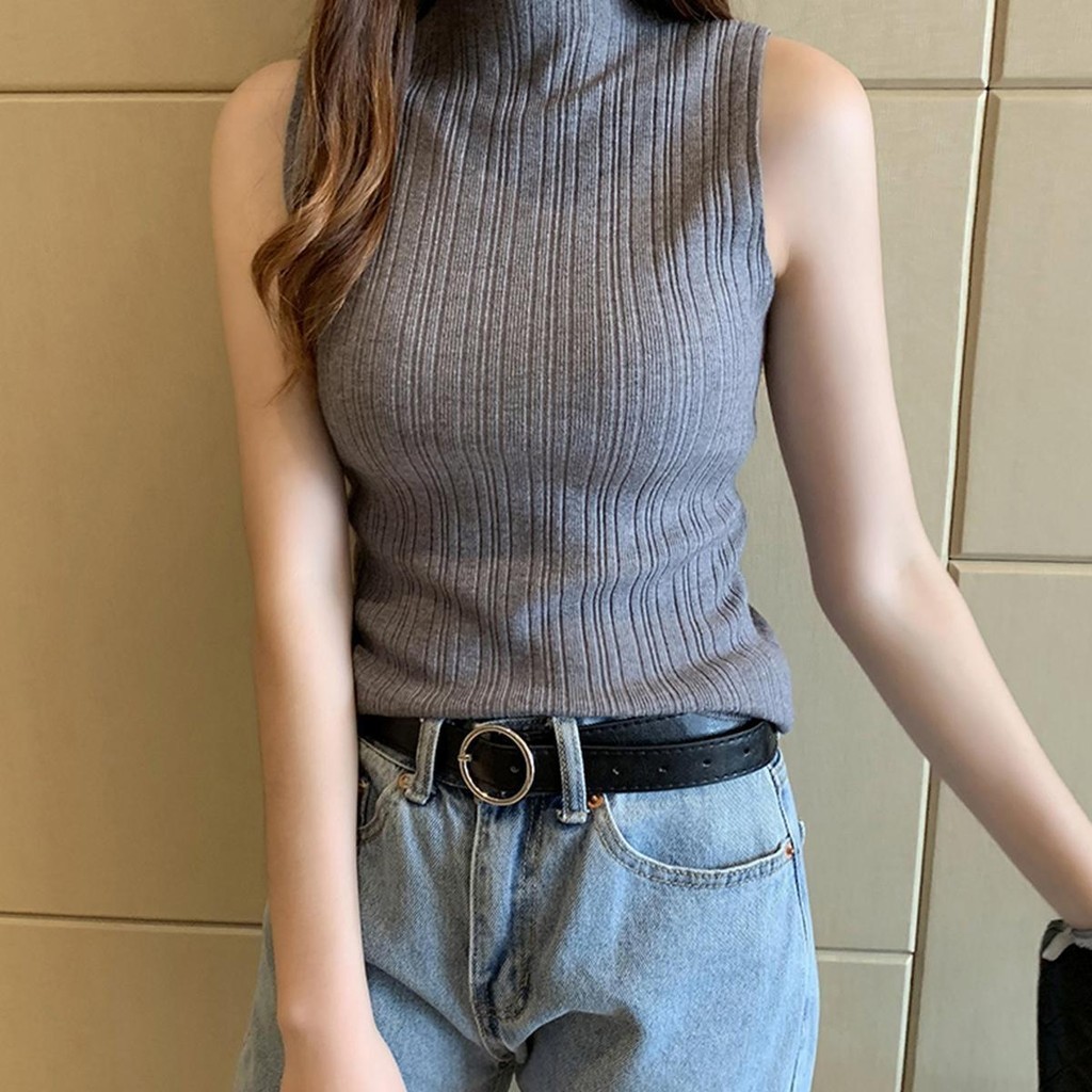 MIMI&DIDI#เสื้อคอเต่ารุ่น แขนกุด สีพื้น เสื้อแฟชั่นผญ#6147