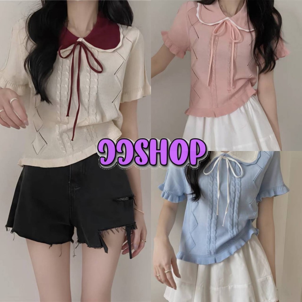 JJ Shop​💜​พร้อมส่ง เสื้อยืดไหมพรม คอปก แขนสั้น ผ้าบางเบา เกาหลีสไตล์ ดีเทลลายผ้าผูกโบว์ "MT717-1"