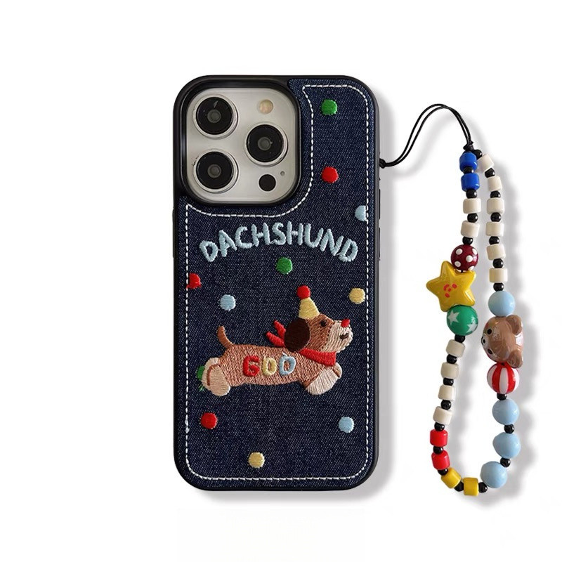 ไส้กรอกสุนัขยีนส์ปักเคสโทรศัพท์สําหรับiphone 11 12 13 14 15 16 Pro Maxใหม่เย็บปักถักร้อยสําหรับiPhone15Promaxกรณีปลอก
