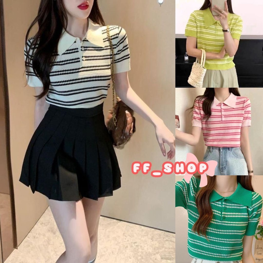 🛒FF.shop🛒 เสื้อครอป ลายทาง คอปกแต่งกระดุม สไตล์เกาหลีน่ารัก พร้อมส่ง #A54