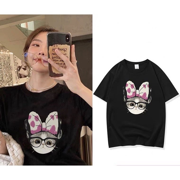 Cynthai เสื้อยืด คอกลม แขนสั้น ผ้านิ่ม พิมพ์ลายแมวติดโบว์ น่ารักๆ สไตล์เกาหลี  #9631