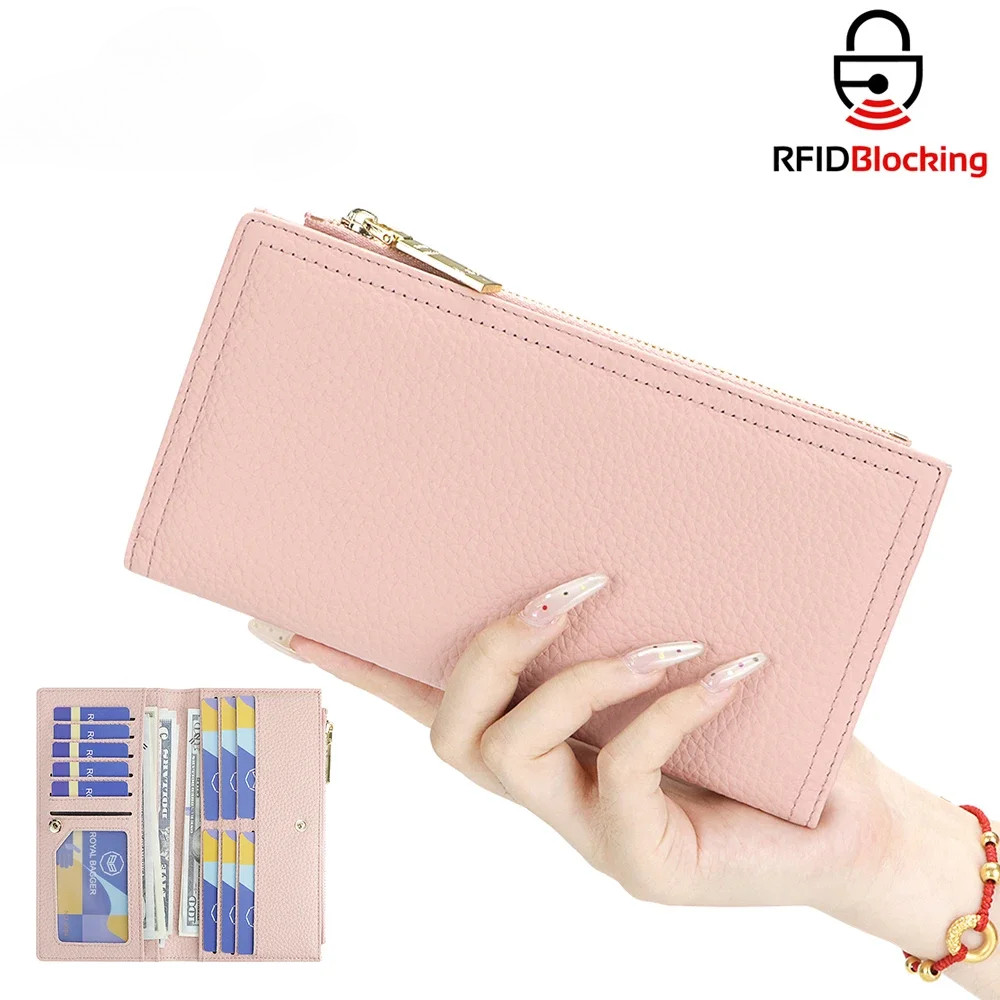 พระราช เครื่องบรรจุถุง กระเป๋าสตางค์หนังแท้แบบบางยาว, RFID Blocking Multi-Card Slots Card Holder, กระเป๋าใส่เหรียญซิปสําหรับใช้ทุกวัน 1909