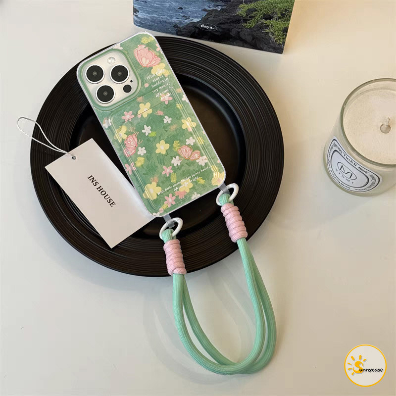เคสแบบนิ่มพร้อมสายคล้องสำหรับใส่บัตรรูปดอกไม้ผีเสื้อสด IPhone 13 11 15 Pro Max XR 7Plus 14 12 Pro Max X XS Max 8Plus SE