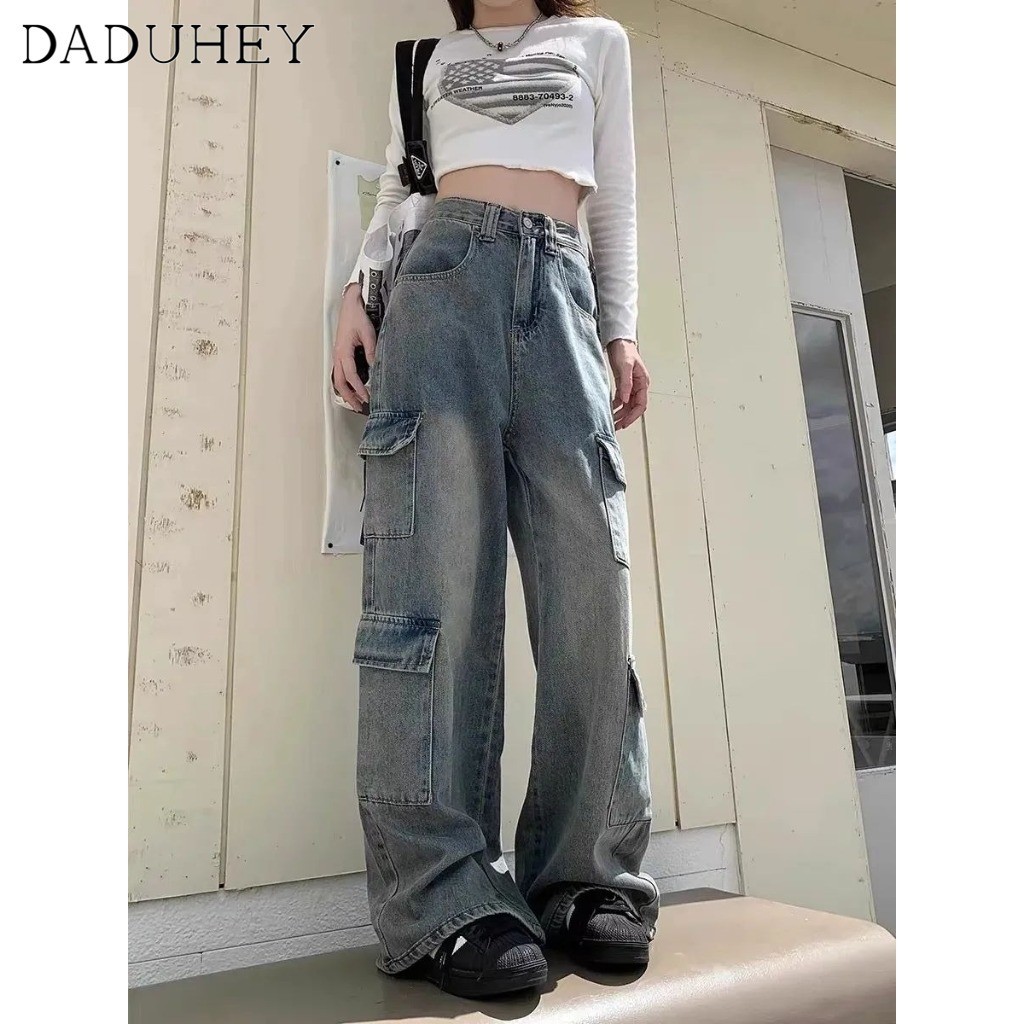 DaDuHey Women's 2024 New American Style Retro Washed Distressed Multi-Pocket Workwear Wide Leg Jeans Autumn High Waist Loose and Slimming Straight Pants