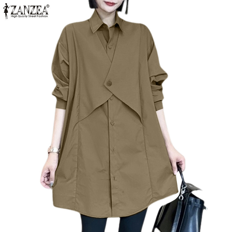 Zanzea เสื้อสตรีเกาหลีทุกวันปกปุ่มข้อมือสีทึบปิดไหล่เสื้อแขนยาว