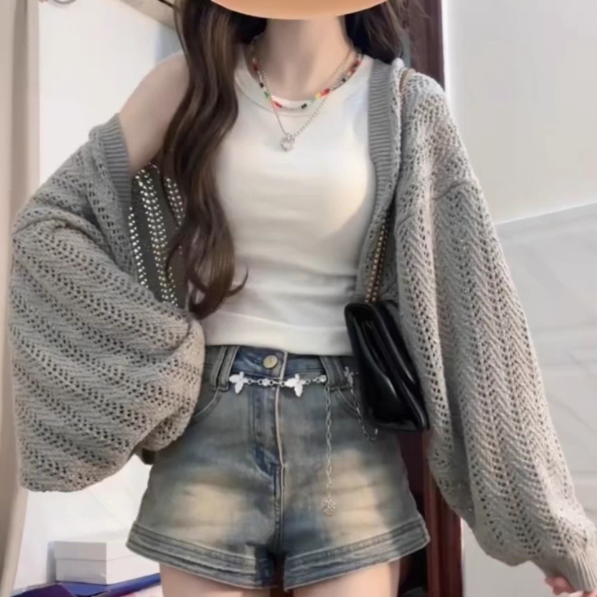 เสื้อคลุมผู้หญิงฤดูร้อนเสื้อคาร์ดิแกนสีเทากันแดดเสื้อโค้ทฉลุลายแบบบางสไตล์ชิวๆเสื้อคลุมไหล่แขนค้างคาวทรงหลวมสำหรับฤดูร้อน5oar