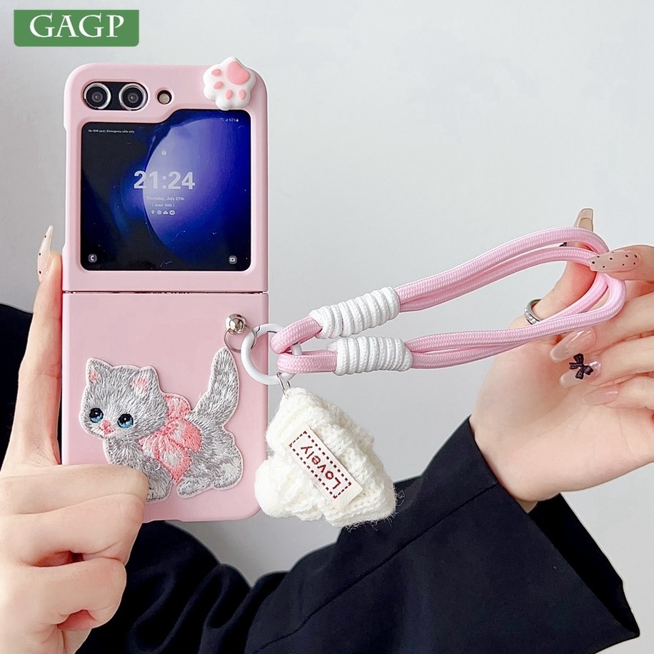 Luken น่ารักการ์ตูนแมวสายคล้องมือเคสโทรศัพท์สําหรับ Samsung Galaxy Z Flip 6 Flip 5 OPPO ค้นหา N3 N2 Flip ผ้าหมวกกันกระแทกบางสําหรับ Galaxy Z Flip 3 4