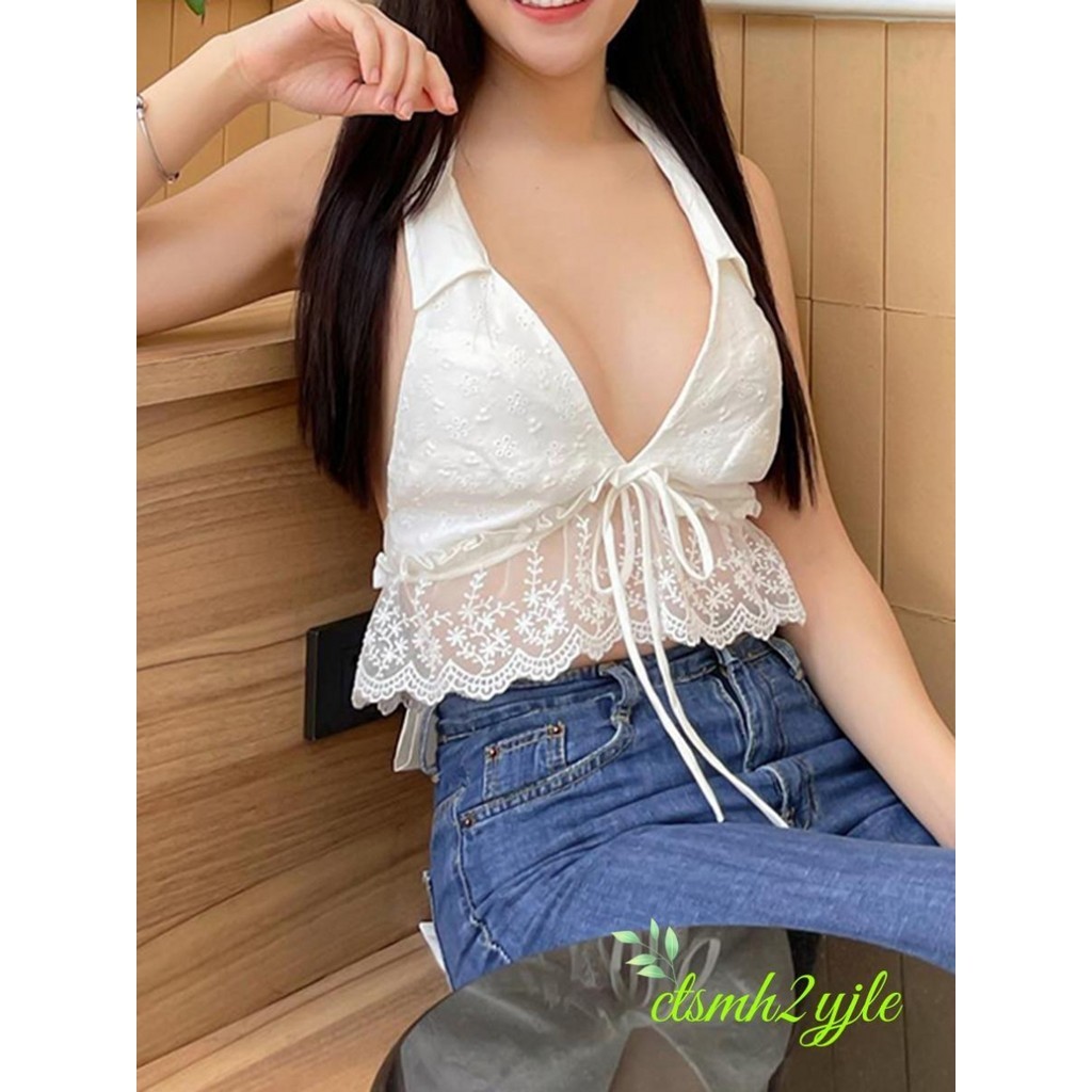 เสื้อครอปคอฮอลเตอร์สำหรับผู้หญิง เสื้อลูกไม้ปะติดปะต่อไม่มีแขน เสื้อกล้ามสำหรับเสื้อผ้าสไตล์สตรีทแวร์ในช่วงฤดูร้อน