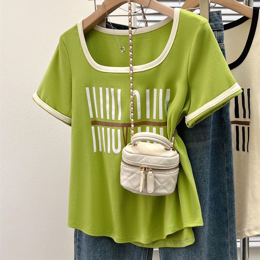 เสื้อยืดโอเวอร์ไซส์(40-150กก.) สไตล์กระโหลกผู้หญิงคอเหลี่ยมพิมพ์ขนาดบวกแฟชั่นหลวมเสื้อยืด
