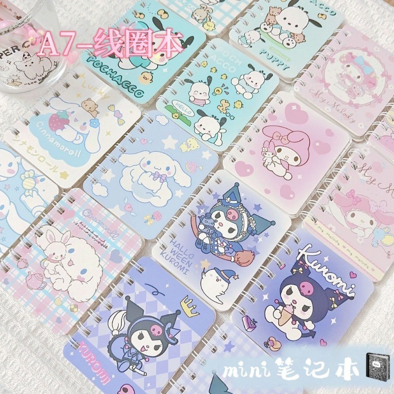 Sanrio สมุดโน๊ต A7 ขนาดเล็ก จดบันทึก สมุดเล่มเล็ก ลายการ์ตูนน่ารัก Melody Cinnamoroll Kuromi แบบห่วงข้าง พกพาง่าย