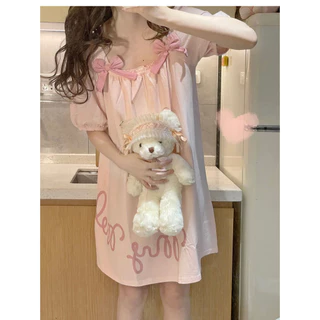 น่ารัก Melody ชุดนอนแขนสั้นผู้หญิง Influencer ฤดูร้อน Sweet Nightdress Casual บางสบาย Homewear