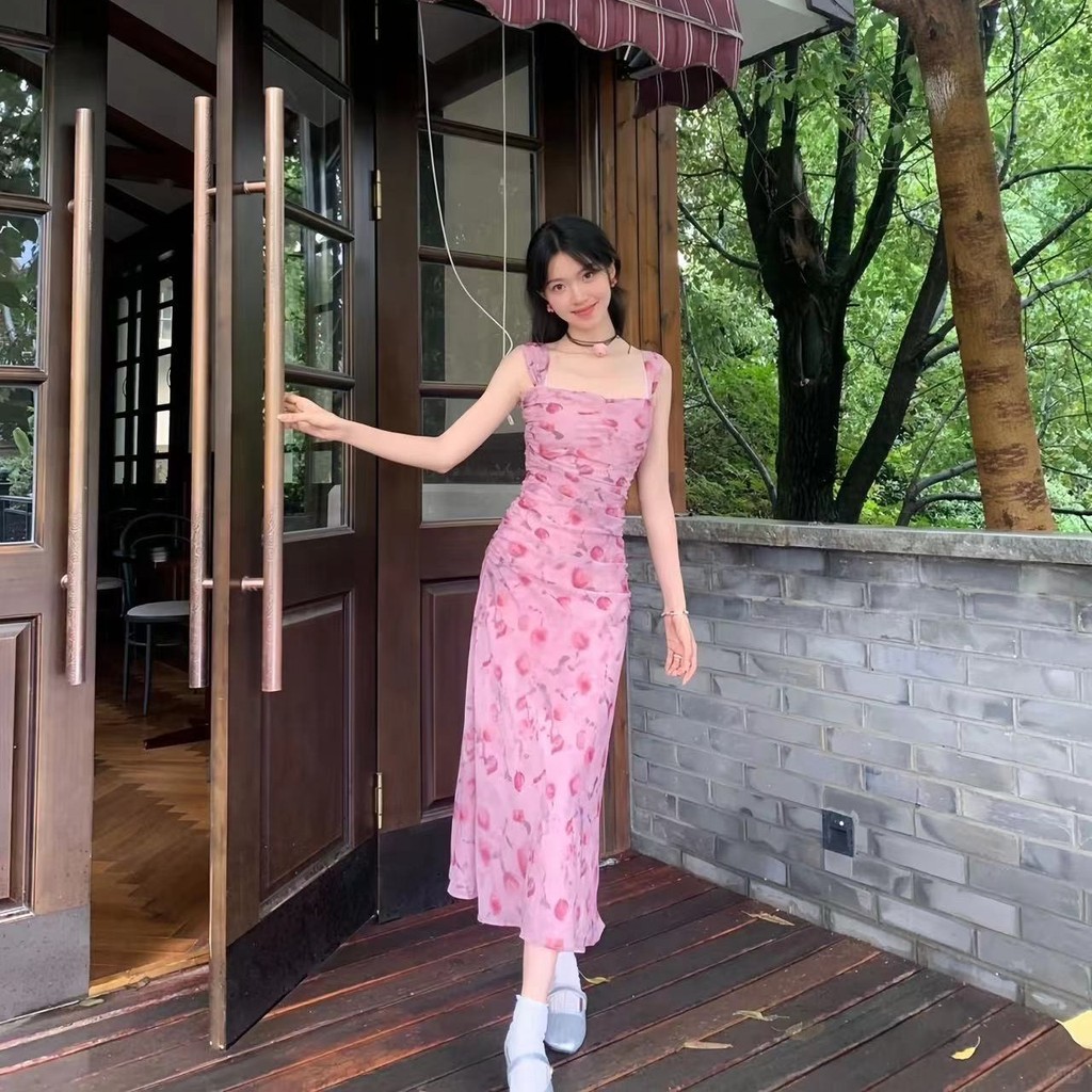 Luna shop ชุดเดรสลายดอกไม้แขนกุดเซ็กซี่เอวเข้ารูปสไตล์เกาหลี ชุดเดรสยาวทรงเอ