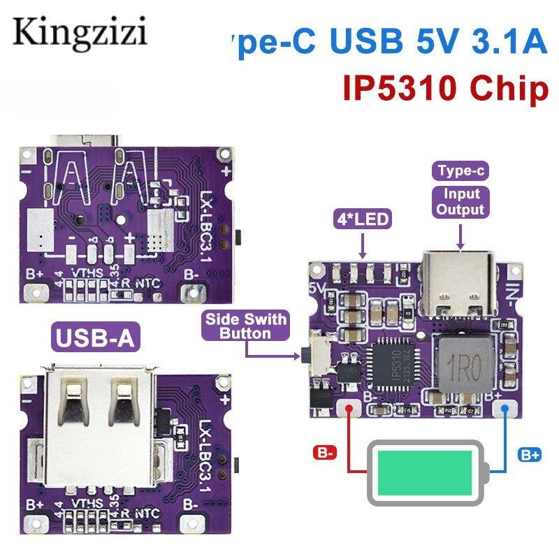 Type-c USB 5V 3.1A Boost Converter Step-Up โมดูล IP5310 Mobile Power Bank อุปกรณ์เสริมพร้อมสวิตช์ LE