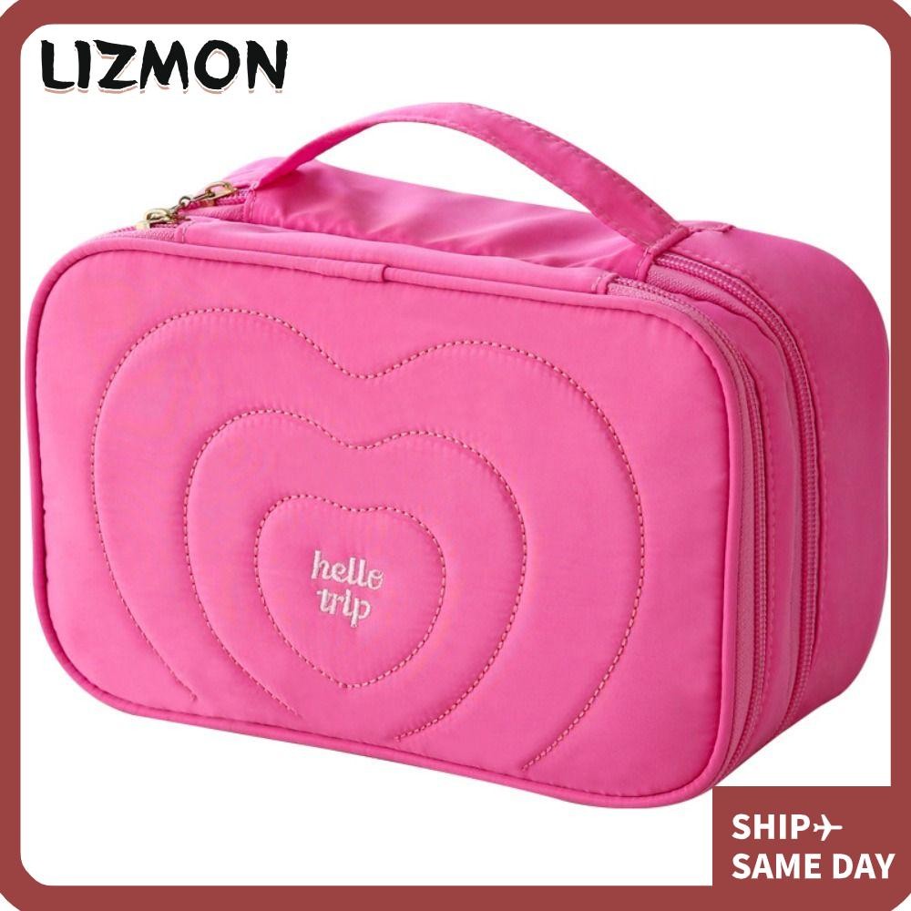 Lizmon กระเป๋าแต่งหน้าปุย, Double Layer Quilted Travel Toiletry Bag, Fashion Storage Bag Handbag Large Capacity Cosmetic Organizer