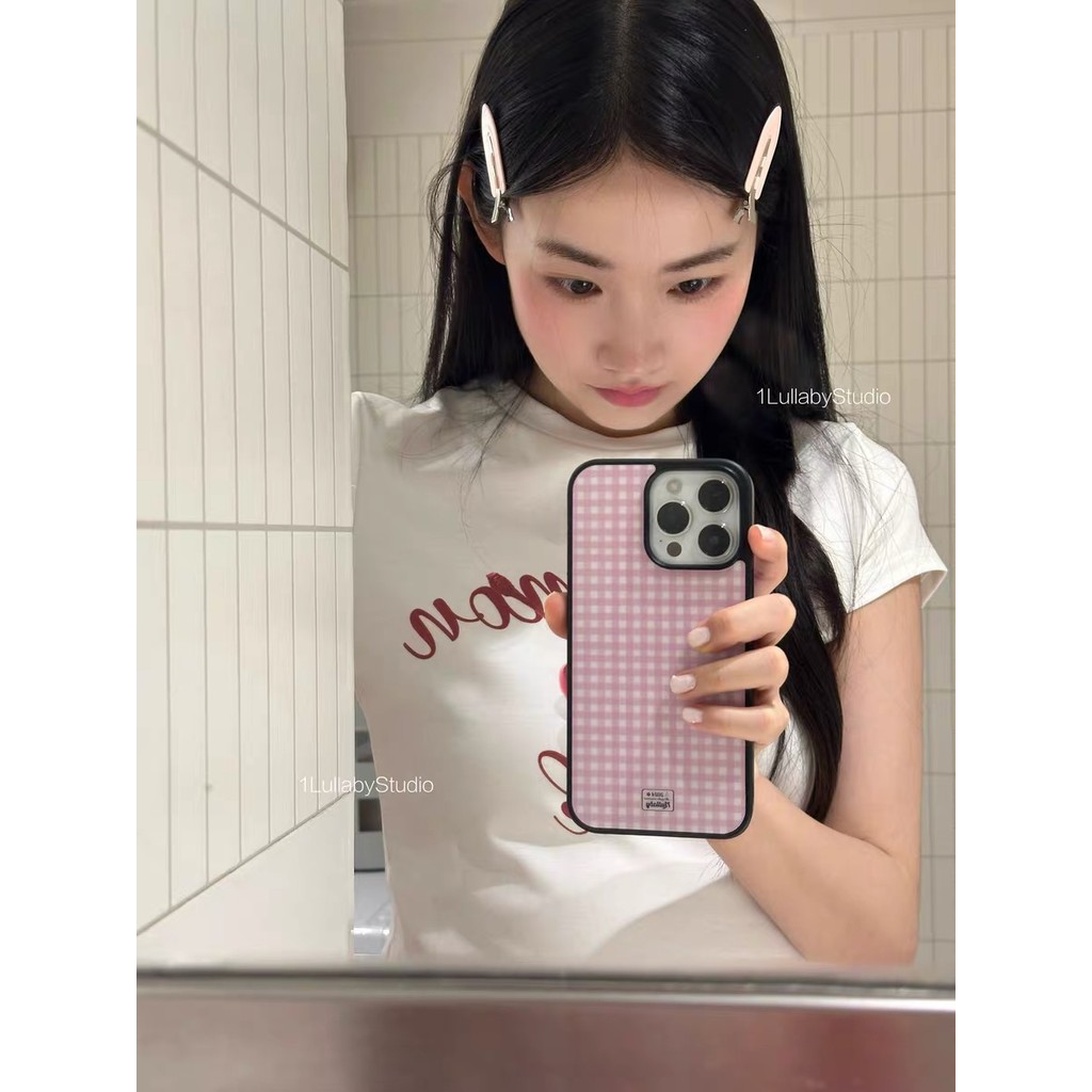 Pink Check เคสโทรศัพท์เรียบง่ายสําหรับ iPhone16ProMax 15 14Pro 13 XSMAX 8PLUS เคสสวยๆ