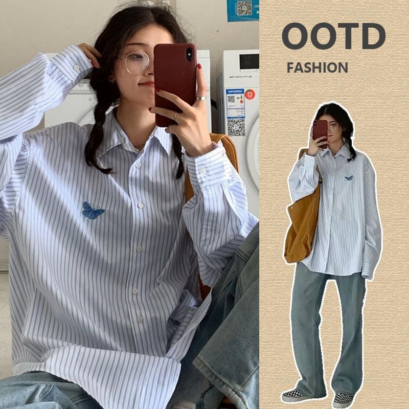 mimi&didi#เสื้อเชิ้ตลายทางลำลองแขนยาวผู้หญิง ปกโปโล แฟชั่นสไตล์เกาหลีBF เสื้อโอเวอร์ไซส์ทรงหลวมสไตล์ขี้เกียจ#W451