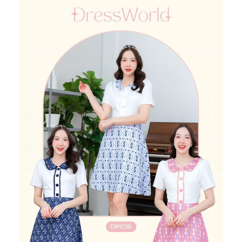 Fairyangelstore - เดรสคอบัวเสื้อผ้าพื้นกระโปรงลาย (DW1239)