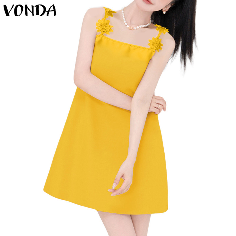 Vonda ผู้หญิงเกาหลีลําลองสีทึบต้นขายาวแขนกุดชุดเชือกแขวนคอหลวม