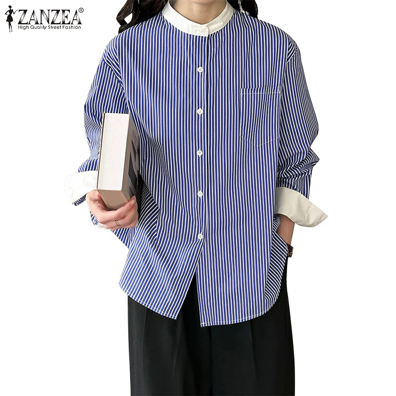 Zanzea เสื้อเชิ้ตแขนยาวลายทางแฟชั่นเกาหลีสําหรับผู้หญิง