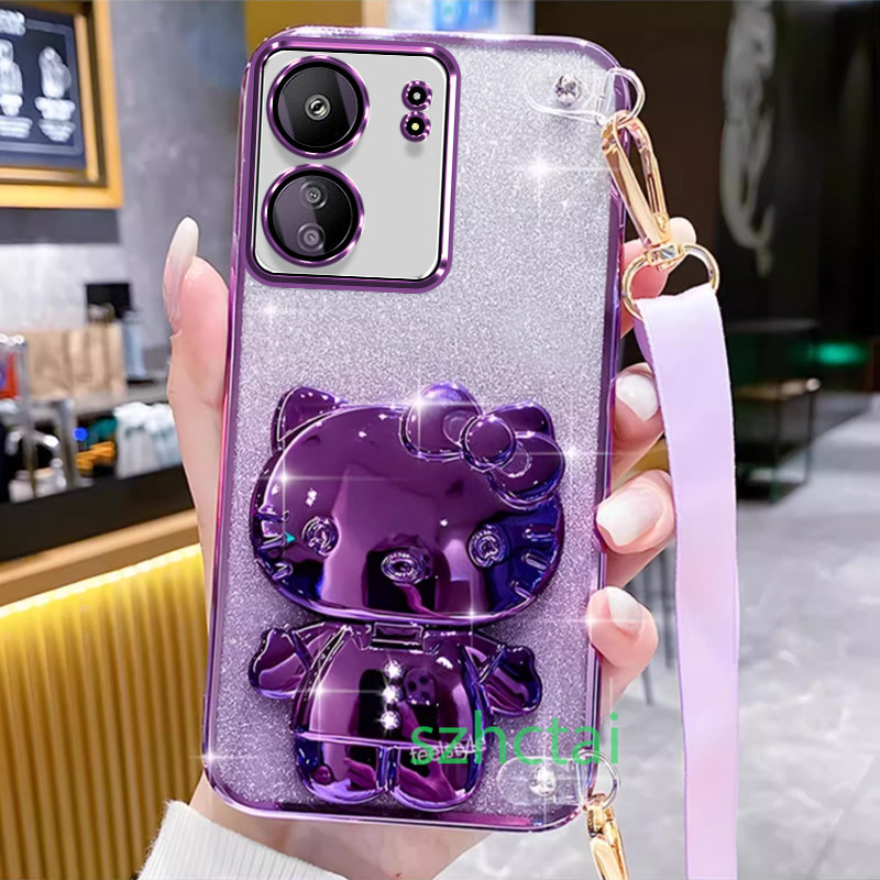 เคสโทรศัพท์ แวววาว Redmi 13C Poco C65 Redmi 12C 12 10C 10A 9C Redm 10 5G สายรัดข้อมือยาวสไตล์เคสโทรศัพท์แบบนุ่มปลอก วงเล็บคิตตี้เฮลโล พร้อมกระจก เคส Redmi 13C Poco C65 Redmi 12C 12 10C 10A 9C Redm 10 5G