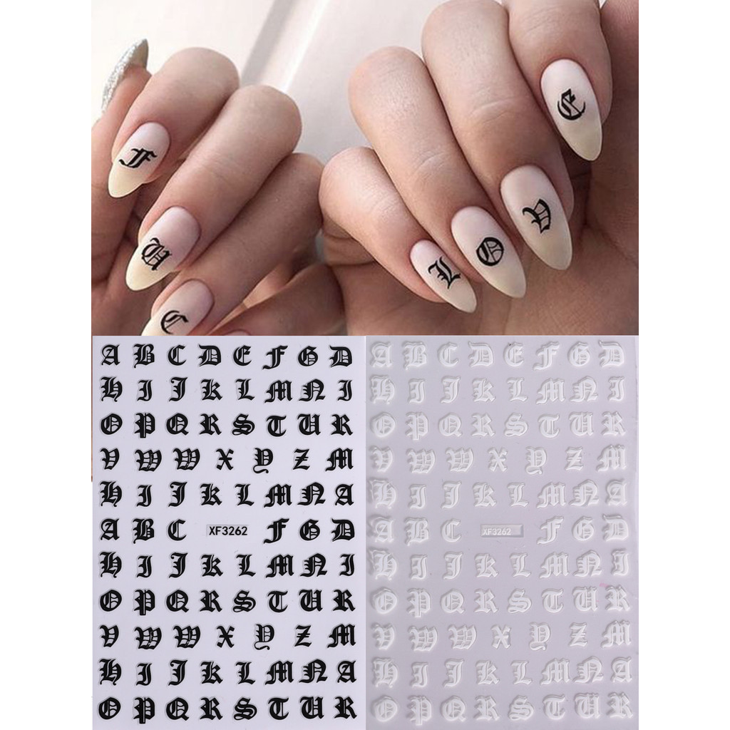 Gothic สติ๊กเกอร์ติดเล็บสีดําสีขาวตัวอักษรภาษาอังกฤษเก่าตัวอักษรเล็บ Decal DIY Art ตกแต่งเล็บ