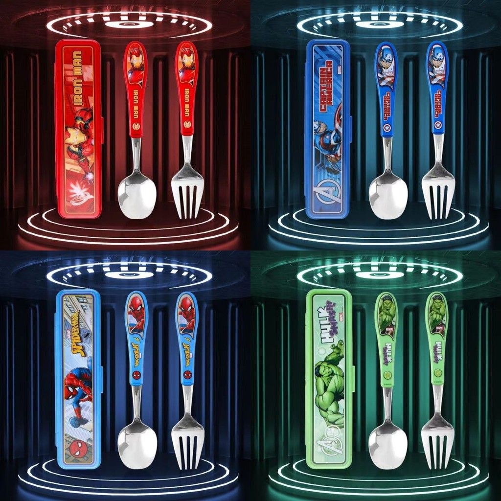 ชุดช้อนส้อมสไปเดอร์แมน Disney Marvel ใหม่ที่สนุกสนานและน่ารักพร้อมช้อนส้อมสแตนเลส 304 ในเคสไอรอนแมนกัปตันอเมริกาแบบพกพา