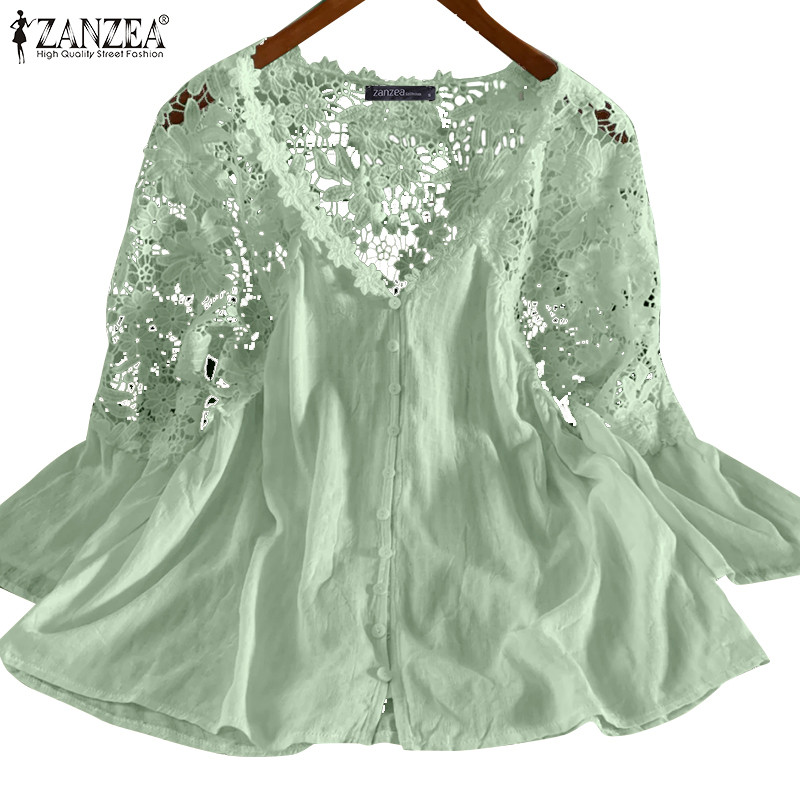 ZANZEA ใส่ ซานเซีย ผู้หญิงที่สง่างามคอวีหลวมกลวงปกติแขนเย็บปะติดปะต่อกันเสื้อ