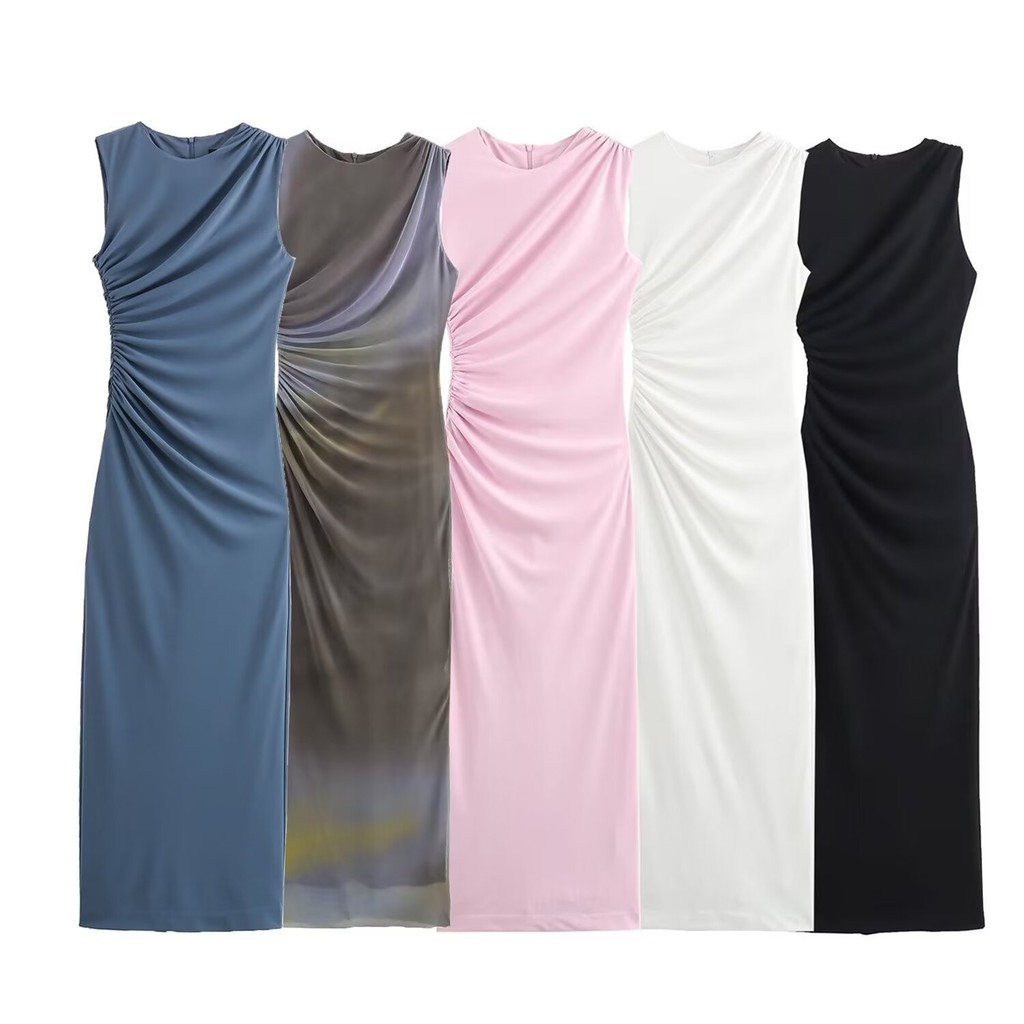 Uibey แฟชั่นคอกลมพับ Midi Dress 10625