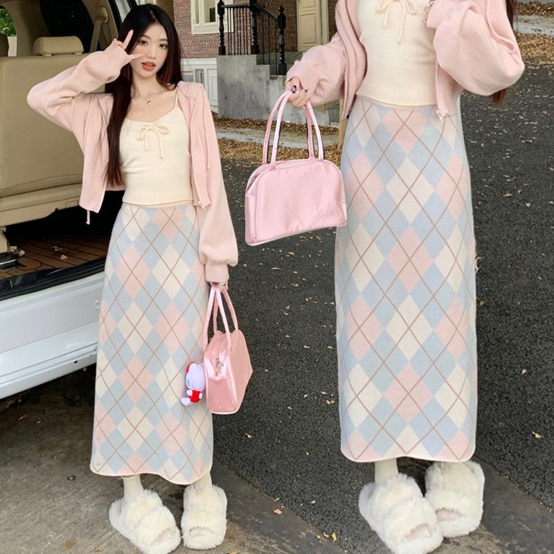 ฤดูใบไม้ร่วง/ฤดูหนาวกระโปรง Preppy หวานขนาดเล็กกลางความยาวลายสก๊อต A-line กระโปรง Slit แน่น Pure Hottie ชุด