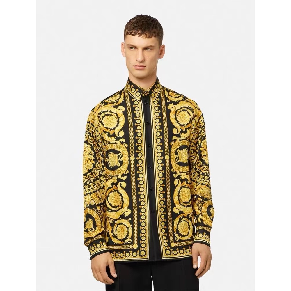 เสื้อเชิ้ตผู้ชาย Versace เสื้อเชิ้ตแขนยาวพิมพ์ลายเข้ารูปเสื้อเชิ้ตผู้ชาย