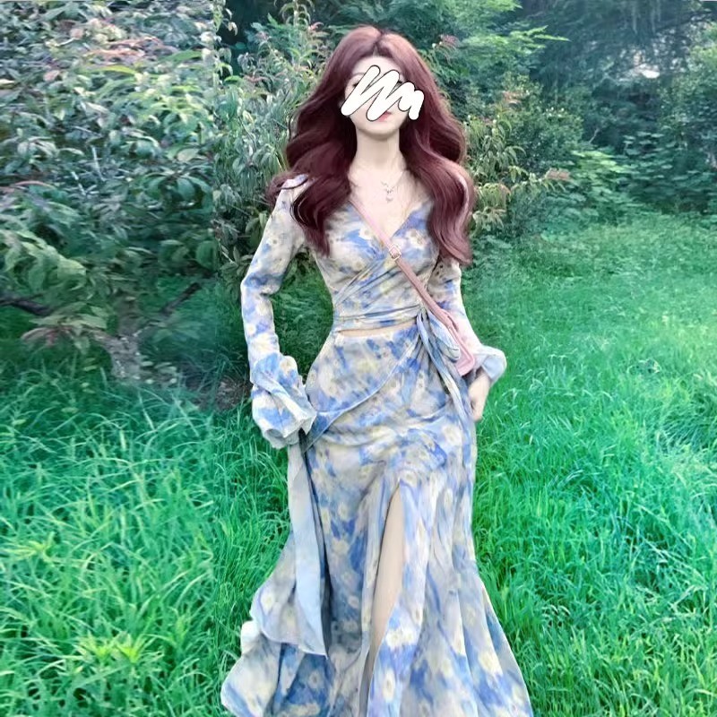 Tea Break Long Skirt Niche New Style Oil Painting Waist-Baring Dress2024Women's Design Sense French Hollow Spring Floral