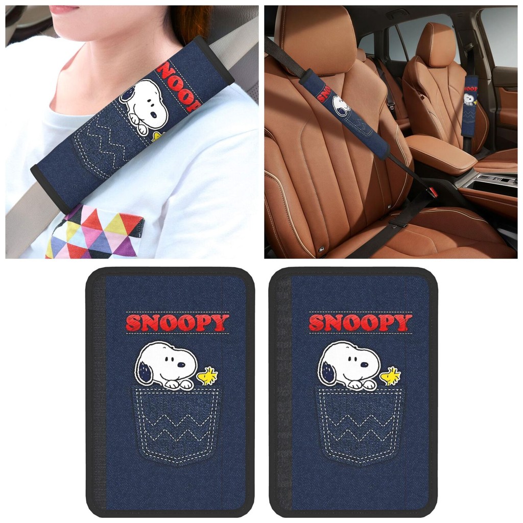 Snoopy 2 ชิ้นผ้าคลุมเบาะรถยนต์เข็มขัดไหล่ Pad Seatbelt สีดํา Neoprene เข็มขัดนิรภัยอัตโนมัติป้องกันไหล่