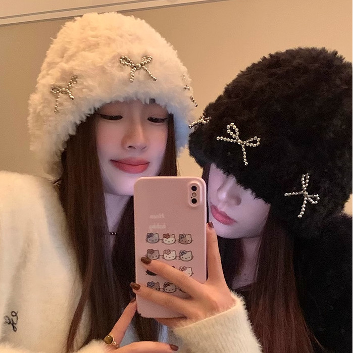 ตุ๊กตาอบอุ่น ทําเอง โบว์หมวกขนสัตว์ฤดูหนาวผู้หญิงนุ่มข้าวเหนียวหนาอบอุ่นถักหมวกตุ๊กตาป้องกันหูเย็นหมวก