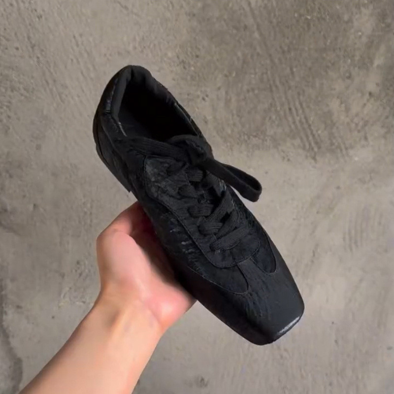 CHELSEA-Cowhide Black Square Toe Lace-Up Casual Shoes Flat Shoes Single Shoes Women 2024