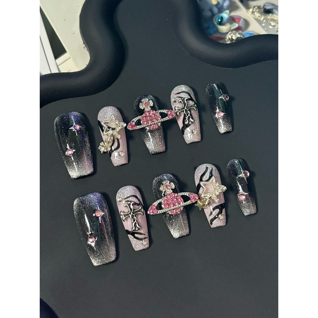 เล็บปลอมที่ทำด้วยมือ ซีรีส์สาวฮอต แฟลชเพชรสีชมพูรอบดวงตาแมวเปลวไฟดาวเคราะห์ ปรับแต่งด้วยมือ - รูปที่ 5