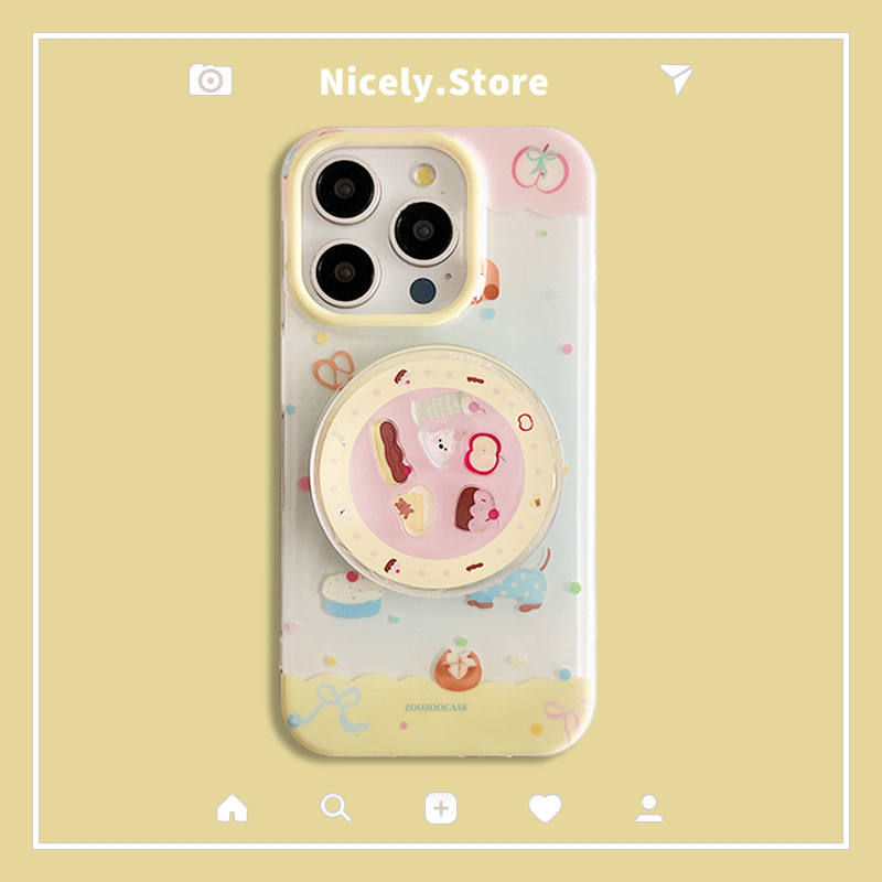 น่ารัก Slippable Dachshund สุนัขเค้ก Kickstand แม่เหล็กไร้สายชาร์จเคสโทรศัพท์สําหรับ iPhone 16 15 14 13 12 Pro Max 16Pro lMD Big Hole กันกระแทกกรณีฝาครอบ