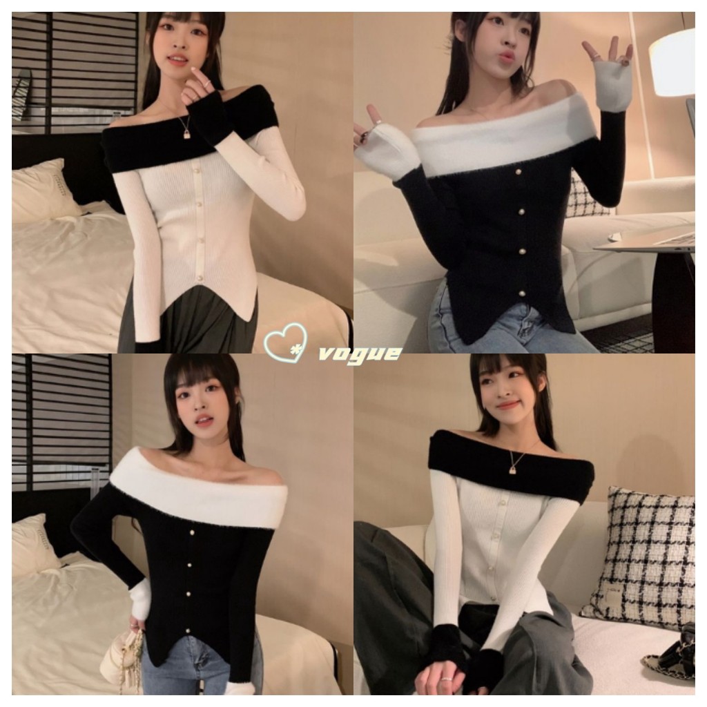 Vogue พร้อมส่ง เสื้อไหใพรมเปิดไหล่แขนยาวป าดไหล่แขนยาว ดีเทลผ้าร่ง+ขนมุ้งมิ้งน่ารัก ดีเทลผ่าปลายทรงสวย (45656) -C -N