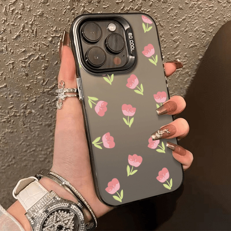 โลหะชุบโลหะด้วยไฟฟ้า ไอโฟนทิวลิปสีชมพูfor 11 iPhone 12 13 14 15Pro MAX X XS XR 7 8Plus เคสโทรศัพท์