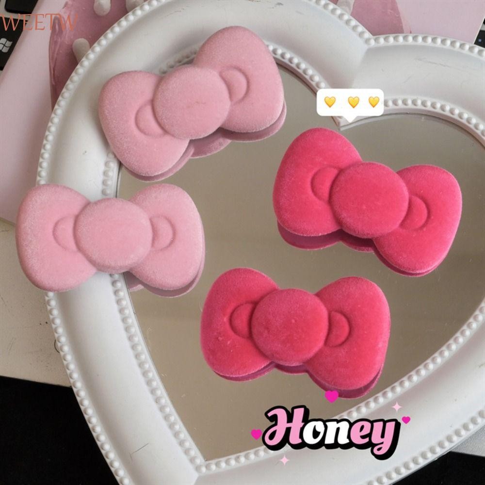 Weekw กิ๊บติดผมกํามะหยี่, กิ๊บติดผมโบว์ Bowknot Flocking, Creative Pink Kitty Cat Hair Barrettes คลิปด้านข้าง Streetwear