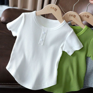 [เฮ้] 90-140 เด็กสาวเสื้อยืดแขนสั้นเด็กสีทึบแขนสั้นเสื้อ จุด…