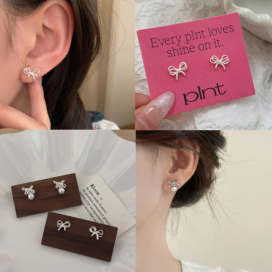 2 รูปแบบ S925 Silver Plated Bowknot Ear Studs ต่างหูเครื่องประดับอุปกรณ์เสริม