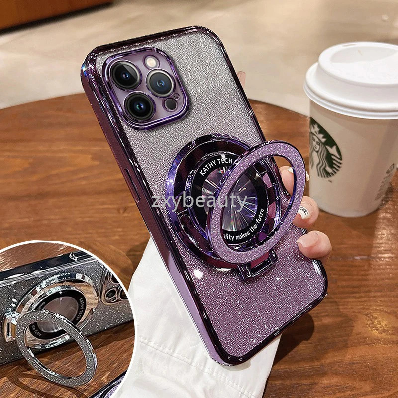 ปลอกสําหรับiPhone 17 16 Pro Max 5G Plus 15 14 2025 กรณีSoft GlitterชุบBling Blingสําหรับ17Pro 16Pro 16Plus 16ProMax 15Pro Air 14Pro 14Plus Slimผู้ถือแหวนกลับกรณี