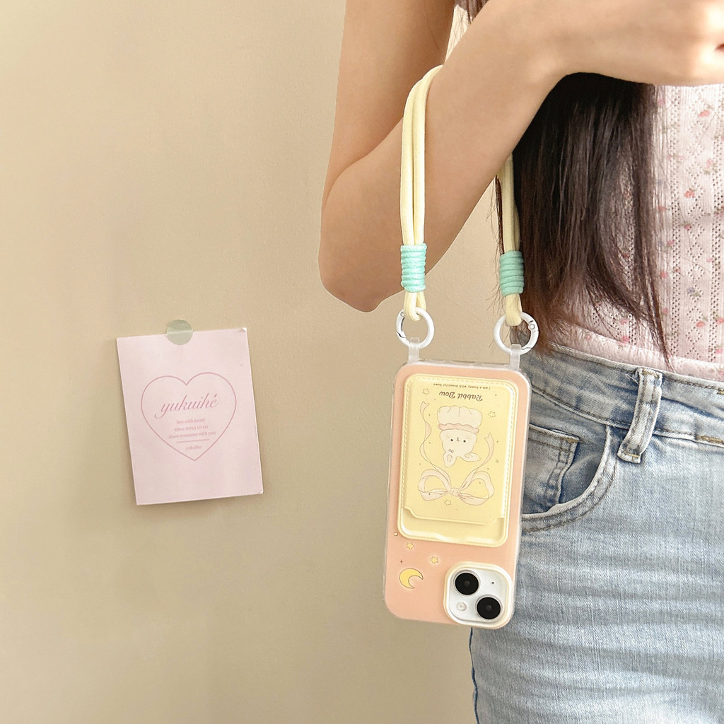 เคสโทรศัพท์ภาพสําหรับiphone15 Card Clampสายรัดข้อมือชุดInsหลักฐานกล้องiPhone 14 13 12 11 15 15plus 15promax 14plus Pro Max 7 8plus X XR Se Bowknot Bunnyสามารถวางภาพ