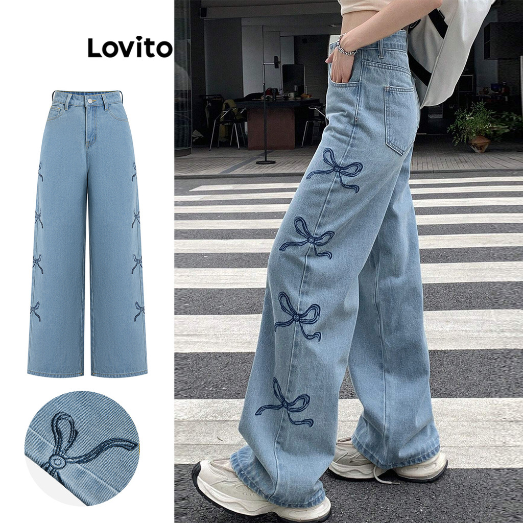 Lovito กางเกงยีนส์กระเป๋าใส่โบว์เย็บปักถักร้อยแบบสบาย ๆ สำหรับผู้หญิง L101AD135